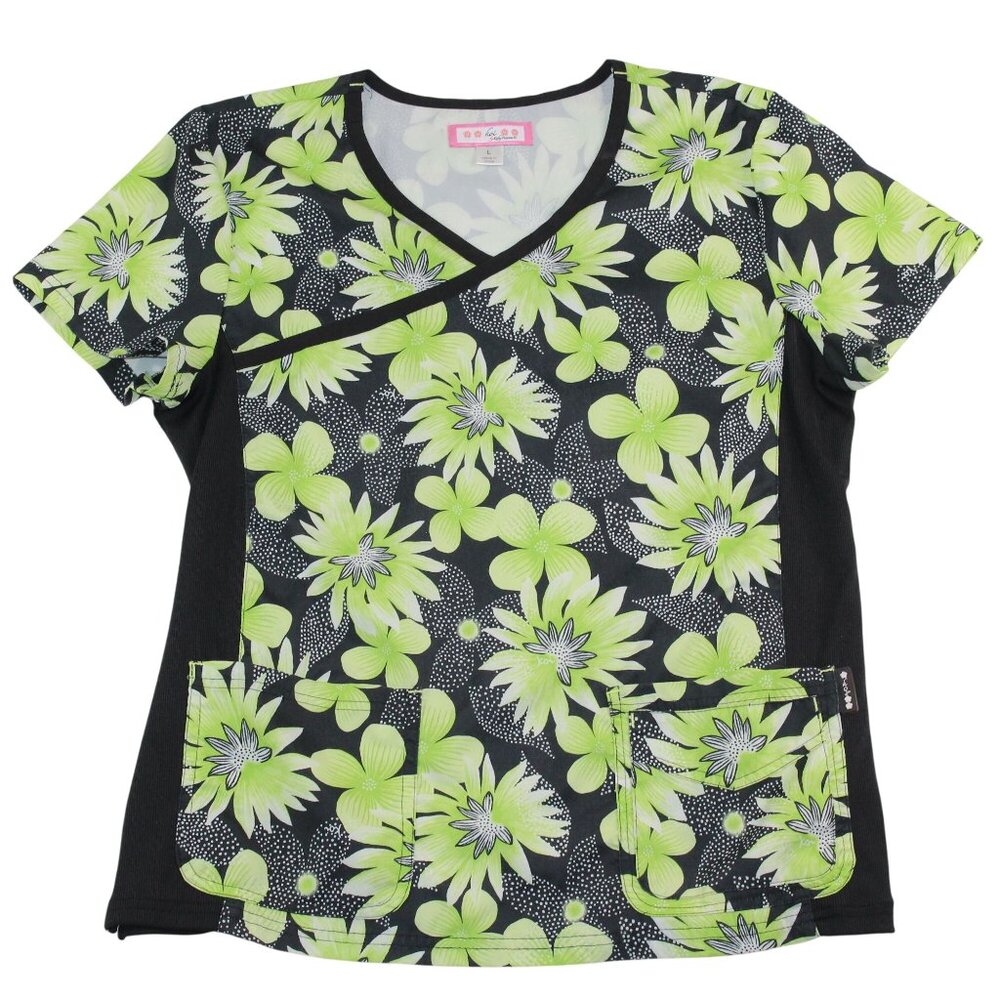 Koi Womens Large Medical EMS Vet Nurse Scrub Top Green Floral Stretch Breathable - Picture 1 of 11